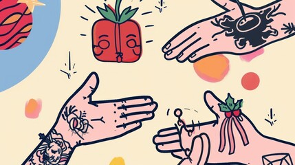  a drawing of two hands reaching for a piece of fruit with a face drawn on it and another hand reaching for a piece of fruit with a face drawn on it.