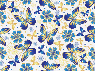 Fototapeta premium Vector spring seamless pattern with flying blue and golden gradient butterflies on white
