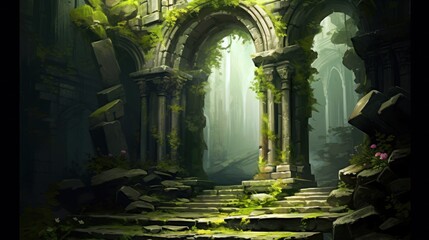  a painting of a doorway in a forest with steps leading up to it and plants growing on either side of the doorway and on the other side of the doorway. - obrazy, fototapety, plakaty