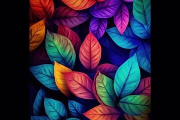  a painting of colorful leaves on a black background with the colors of the rainbow in the center of the image and the bottom half of the leaves in the bottom half of the frame.