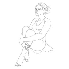 Feminine silhouette in modern continuous line style. The girl is slim and beautiful. Lady suitable for aesthetic decoration, posters, stickers, logo. Vector illustration.