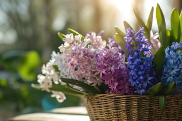  a wicker basket filled with purple and white flowers on top of a wooden table next to a bush of green leaves and a blue vase filled with purple and white flowers.