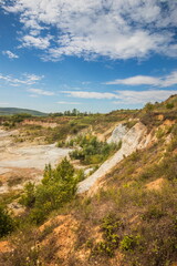 Old closed quarry. Puddles in an old quarry. Trees growing over