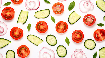 A flat lay of tomato, onion, cucumber, and basil on a white background forms a creative pattern for...
