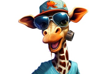 Naklejka premium a giraffe wearing sunglasses and a hat with a cell phone in it's ear and wearing a baseball cap with a fish on it's head.
