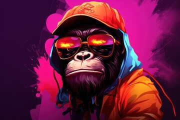  a monkey wearing sunglasses and a hoodie with a hoodie on it's head and a hat on his head, with a purple background of pink and purple.