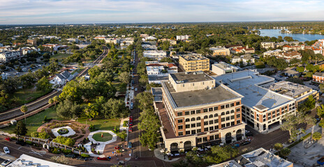 Aerial panoramic view of downtown Winter Park, Park Avenue, Florida, USA. December 2023.