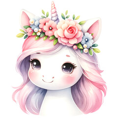 Cute watercolor unicorn clipart with transparent background