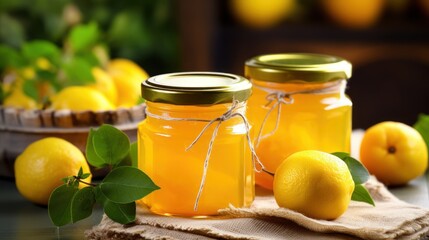  two jars of lemonade sit on a cloth next to some lemons and a basket of lemons on a table with a basket of lemons in the background.