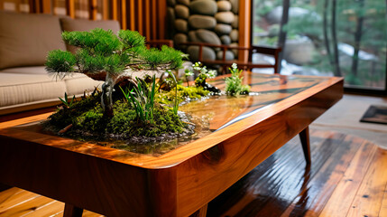 stylish wooden table with a bonsai tree growing in the center