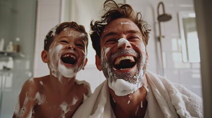 Father and son enjoying a playful time in the restroom, sharing happy moments with shaving cream on their faces on paternal celebration day.
