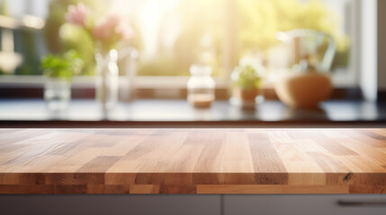 Empty wooden table top in the kitchen with kitchen utensil on the background, blurred background