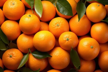  a large pile of oranges with green leaves on the top and bottom of the oranges on the bottom and bottom of the oranges on the top of the oranges.