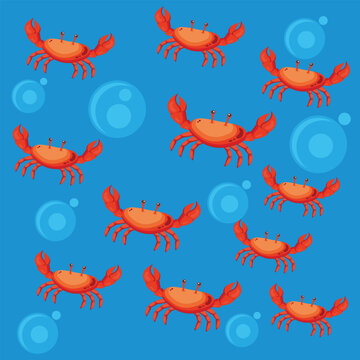Abstract vector sea crab and water bubbles.