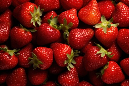  a close up of a bunch of strawberries with green leaves on the top and bottom of the strawberries on the bottom of the bottom of the image is a dark background.