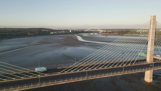 The Mersey Gateway Bridge with Silver Jubilee Bridge in the background, Runcorn, Cheshire, England