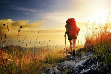 A traveller, an explorer walking in the mountains with a backpack