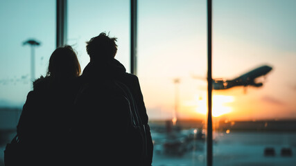 Silhouette of man and woman couple lover standing at the window and viewing plane takeoff at the...
