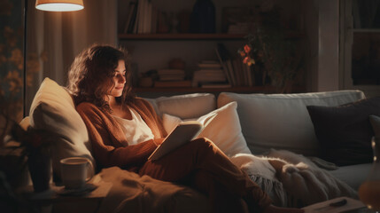 A young woman relaxes sit on a sofa, reading a book under the soft glow of a lamp in a cozy room, calm and comfortable lifestyle concept. - obrazy, fototapety, plakaty