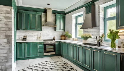 Cercles muraux Vielles portes stylish fully kitchen in modern classic style midnight green spray painted cabinet and white brick tiles install on the wall with marble floor tile interior design