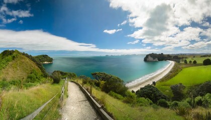 coastline of coromandel peninsula with footpath to cathedral cove new zealand