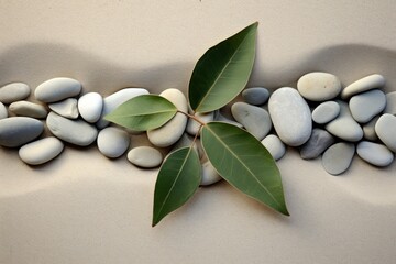  a green leaf sitting on top of a pile of white and grey rocks with a green leaf on top of it, surrounded by smaller white and gray rocks and green leaves.