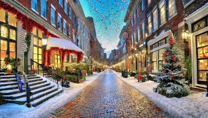 Fototapeta na wymiar festive winter wonderland charming boston street with landmark cobblestone decorations