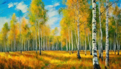 digital oil painting of birch grove in autumn landscape impasto printable square artwork
