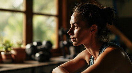 A woman exercising in home gym - obrazy, fototapety, plakaty