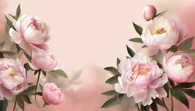 delicate pink flowers illustration peonies painted on the pink background beautiful postcard picture mural wallpaper photo wallpaper wedding invitation design