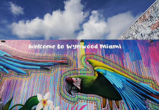 Miami, FL - USA - 12-01-2023:  Welcome to Wynwood Miami mural by artist Luis Valle in the Wynwood art district of Miami