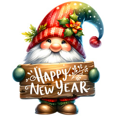 Cute new year gnome watercolor clipart with transparent background