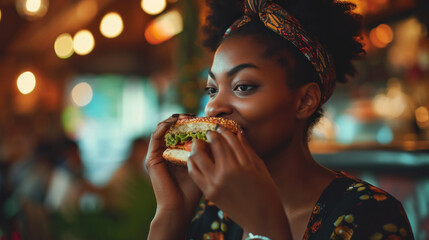 Black woman bites a burger sandwich - obrazy, fototapety, plakaty