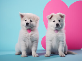 Fluffy white puppies with pink heart tags on a love-themed backdrop.