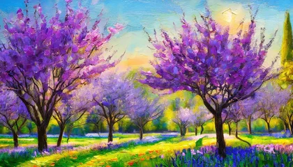 Foto op Plexiglas anti-reflex beautiful spring landscape with blooming purple trees in the garden square oil painting impasto printable wall art © Slainie