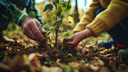 a grandfather and grandchild helping to plant a tree - obrazy, fototapety, plakaty
