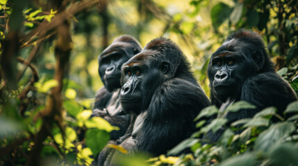 Fototapeta premium Family of gorillas in the morning forest