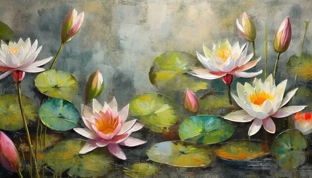 water lilies pitchers oil painted flowers painted on a concrete grunge wall stunningly beautiful modern mural wallpaper photo wallpaper cover postcard design