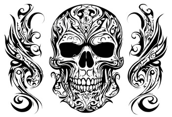 Background skull tattoo vector illustration symbol tribal art head design bone set
