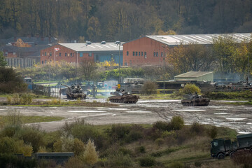 a squadron of British army FV4034 Challenger 2 ii main battle tanks returning to Tidworth Garrison...