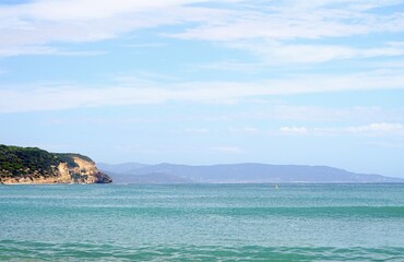 Fototapeta premium view from the Cala del Varadero towards the cliffs and mountains at the coastline of the Atlantic Ocean, Zahora, Conil de la Frontera, Vejer de la Frontera, Costa de la Luz, Spain