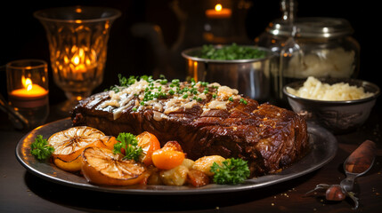 German national dish, marinated braised beef.  Sauerbraten