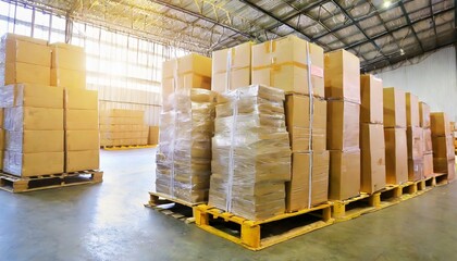 package boxes wrapped plastic stacked on pallets in storage warehouse supply chain storehouse distribution cargo shipping supplies warehouse logistics