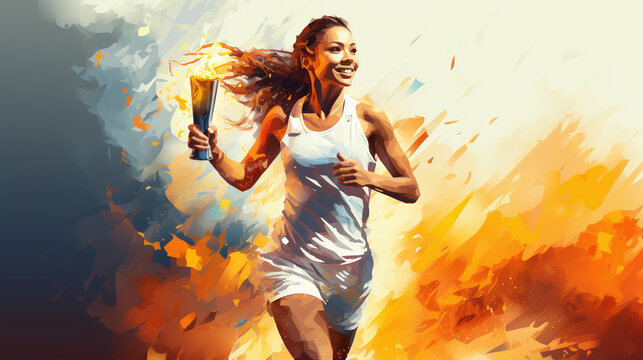 female athlete carries the olympic torch in watercolor style
