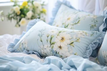  a close up of a bed with a bunch of pillows and a vase of flowers on the side of the bed with blue ruffles on top of the bed. - obrazy, fototapety, plakaty
