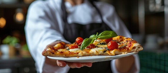 Woman chef holds a piece of delicious homemade pizza.