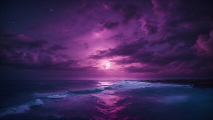 Fototapeta na wymiar Beautiful wallpaper of the moon and sea waves with a purple theme