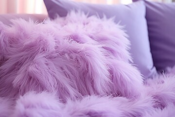  a close up of a fluffy purple pillow on a couch with pillows in the background and a window in the back ground behind the couch and the pillows in the foreground.