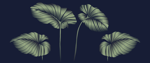 Set of volumetric tropical vector leaves on a dark background - obrazy, fototapety, plakaty