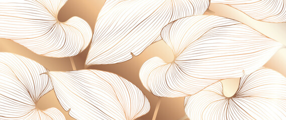 Golden luxury botanical background with white large leaves.